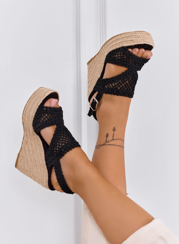 PEARL - Sandali nere con zeppa in corda e intreccio crochet