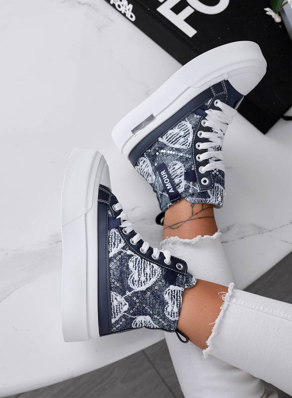 BARTH - Baskets montantes à motifs en denim bleu foncé