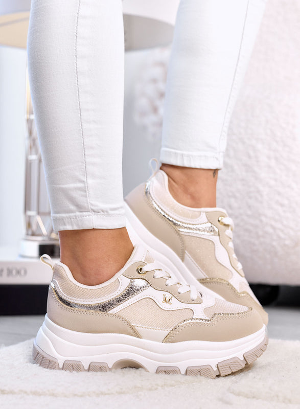 DELIA - Sneakers Beige con Dettagli Oro e Suola Chunky