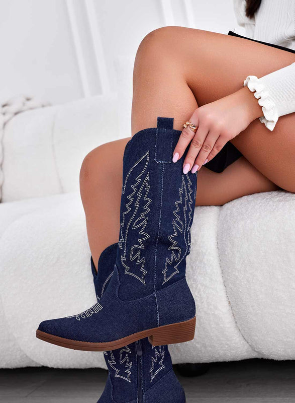 JENNIE - Camper boots en jean bleu avec broderie