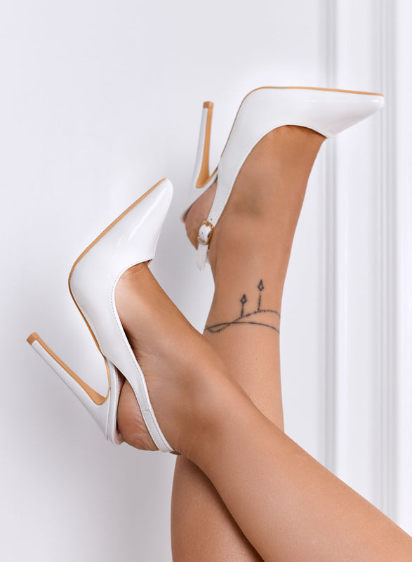 SHADOW - White patent leather pumps with slingback strap and 12 cm heel