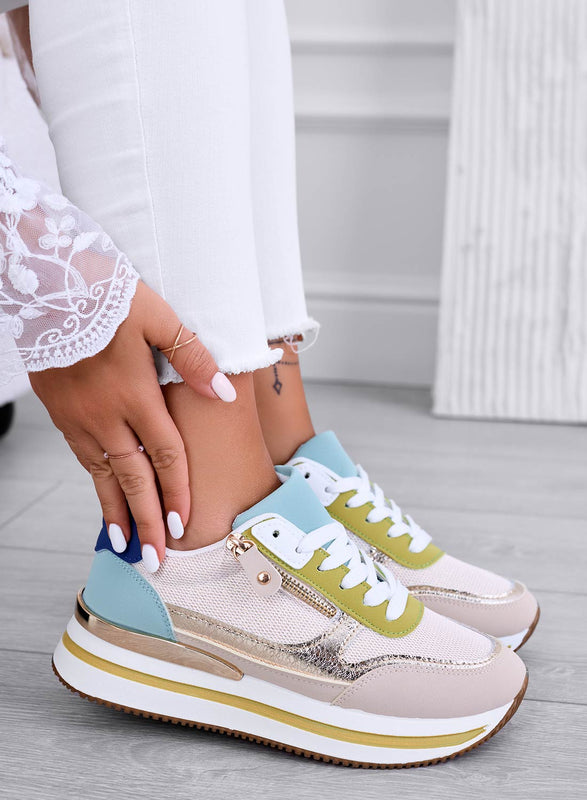 JOYCE - Baskets beiges avec inserts dorés et fermeture éclair latérale