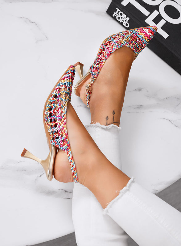 MAURA - Décolleté multicolor slingback in rafia intrecciata con tacco medio