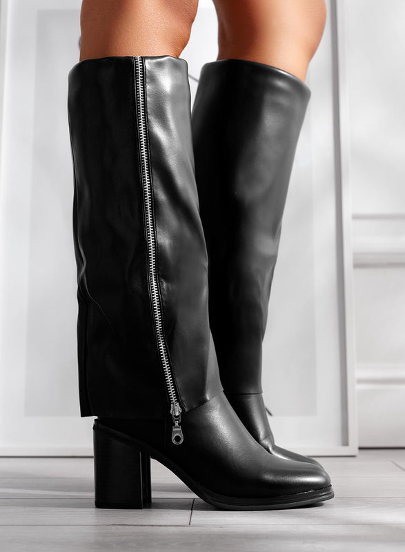 Bottes noires à talon confortable et fermeture éclair