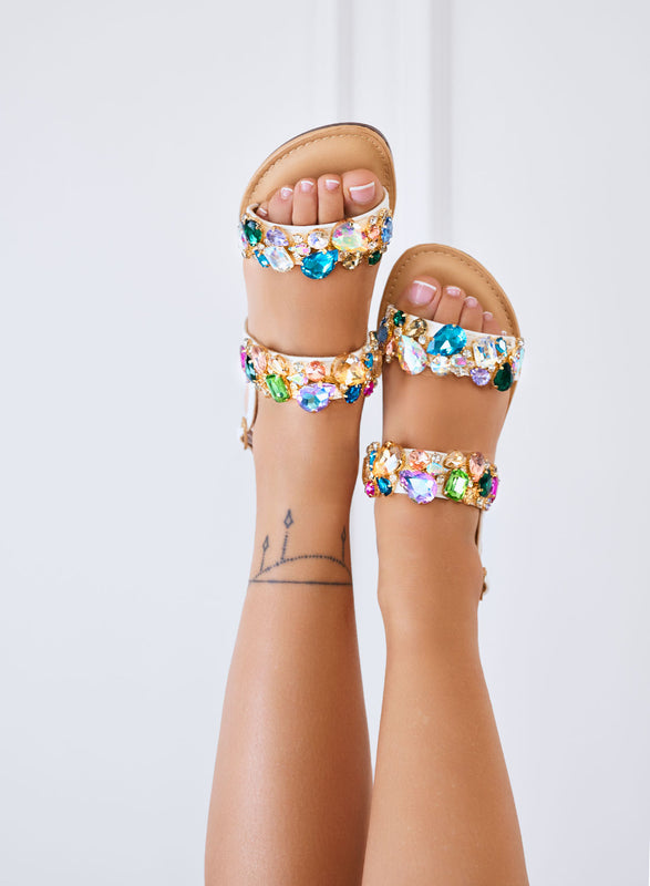 DIAMOND - Low white sandals with multicolor jewel stones and ankle strap