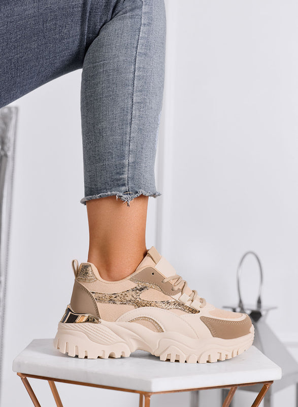 LUCINDA - Baskets chunky beiges avec détails animaliers et semelle épaisse