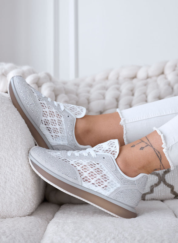 LORENA - Gray sneakers with white lace and sparkling rhinestones