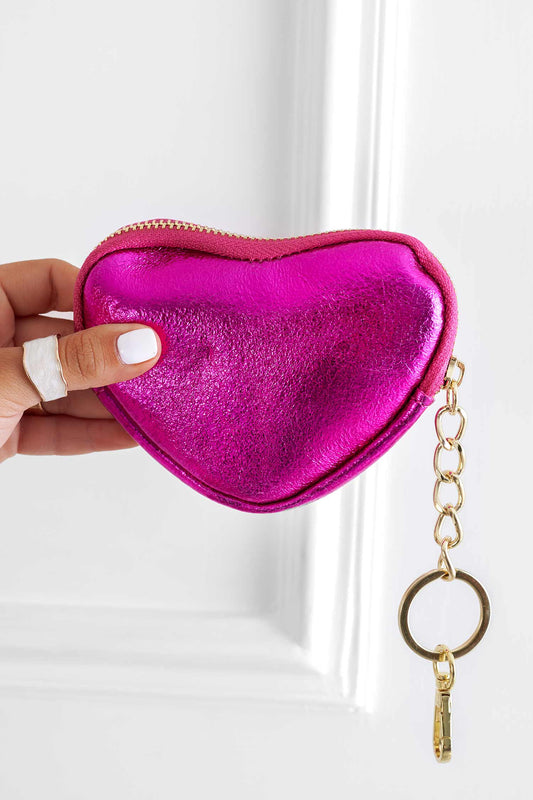 Porte-monnaie fuchsia métallisé en forme de cœur avec zip