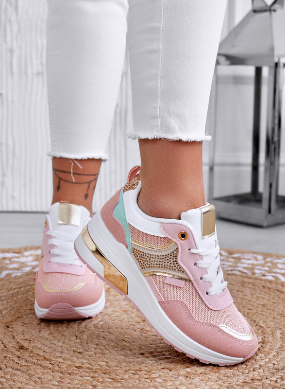 Pink wedge sneakers with gold inserts