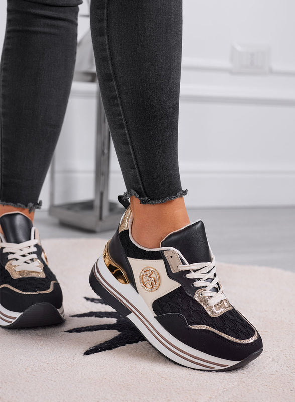WALKER - Women's black sneakers with gold details and thick sole