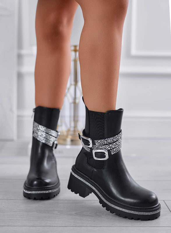 MARZIA - Bottines noires avec bandes bijoux et boucles