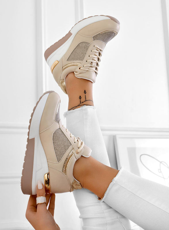 Sneakers beige con inserti in tessuto glitter oro