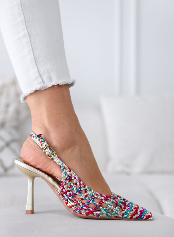 ISABEL - Décolleté multicolor slingback in rafia intrecciata con tacco
