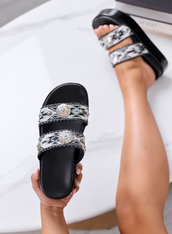 BARBARA - Sandali Ciabatte nere Platform Etniche con Zeppa