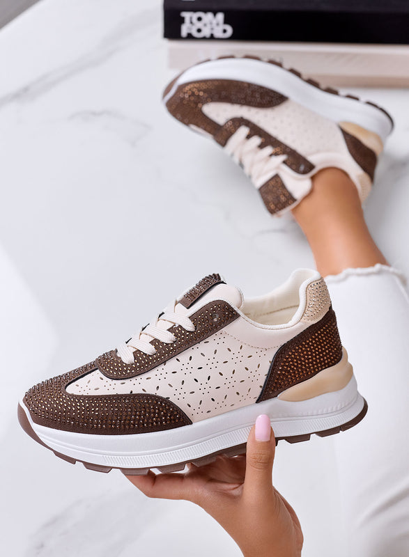ELISA - Sneakers Beige e Marrone con Strass e Dettagli Traforati