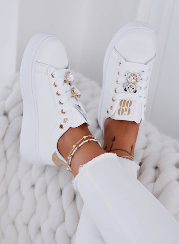 LOIRE - Sneakers bianche con plateau con strass e retro oro