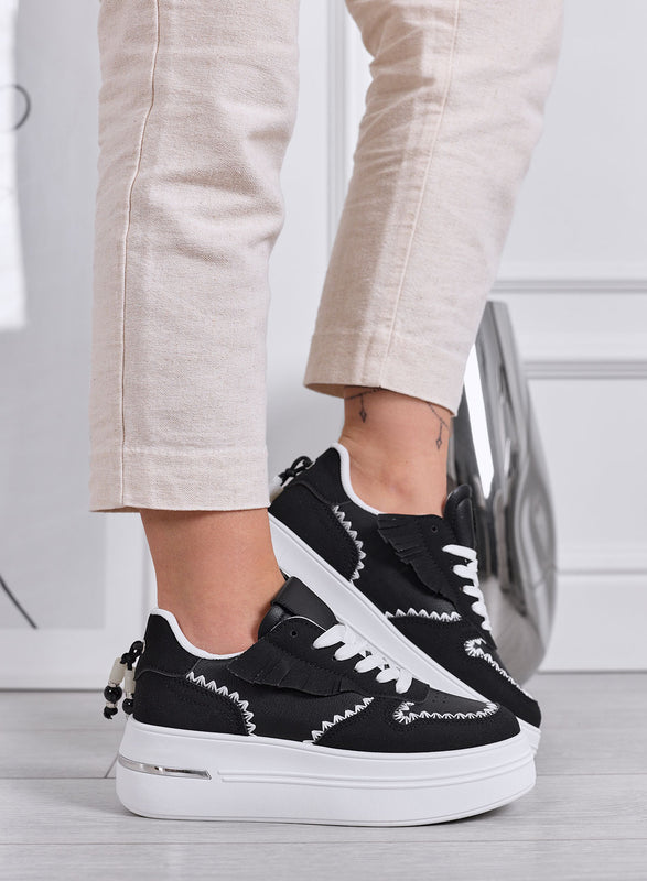 VERONICA - Black Platform Sneakers with White Contrast Stitching
