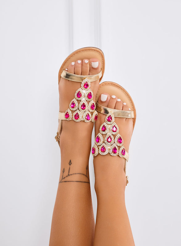 MOLLY - Sandales bijoux dorés avec strass fuchsia en forme de goutte