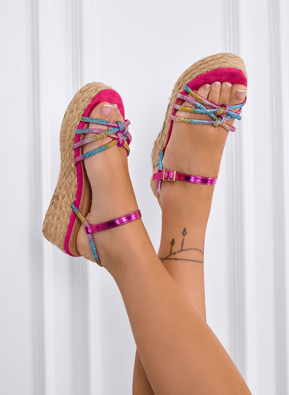 XIMENA - Sandales espadrilles fuchsia avec bandes bijoux
