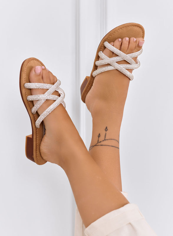 MEDDY - White slide sandals with jeweled rhinestone straps