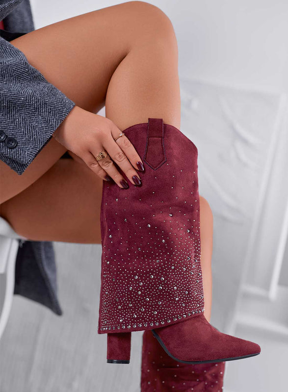 PAIGE - Bottes bordeaux style camperos avec strass