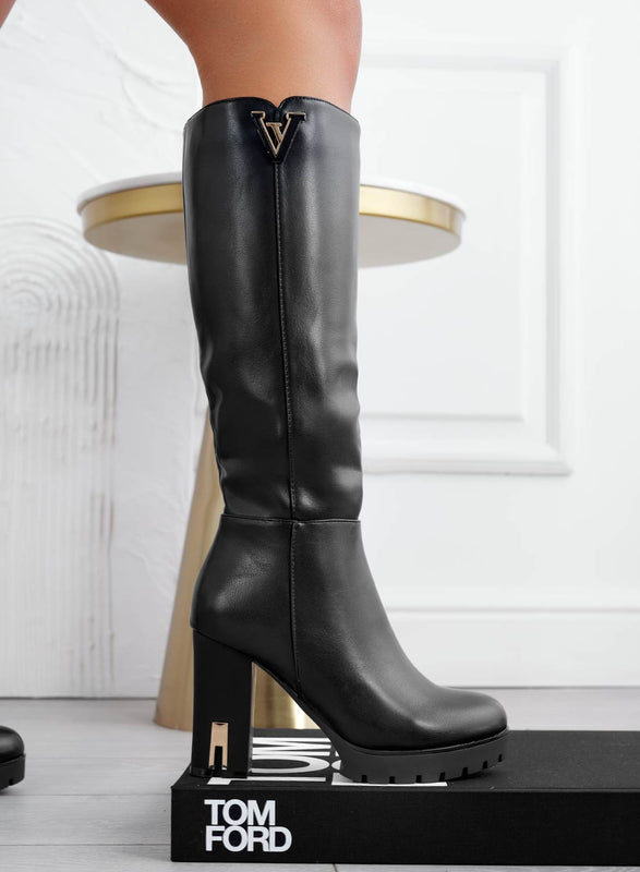 ROSSANA - Bottes noires en simili cuir à talons hauts