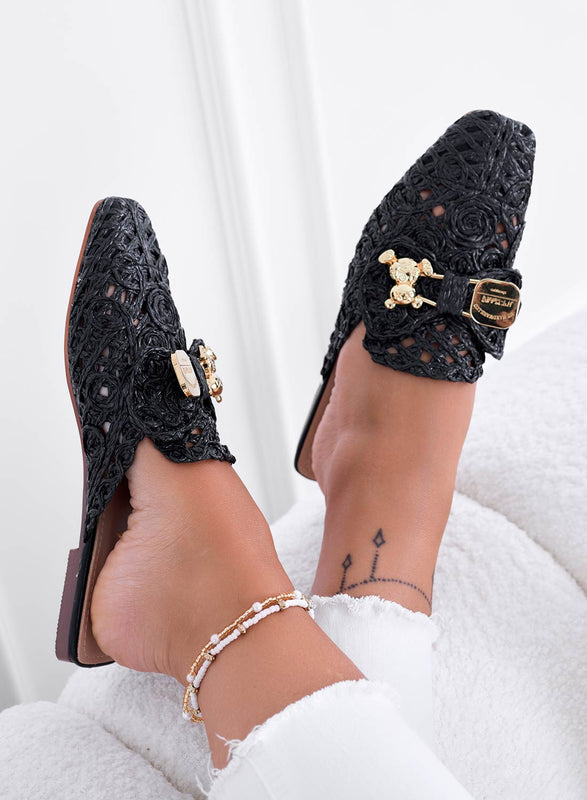 FIESTA - Espadrilles sabot noires brodées de teddy doré