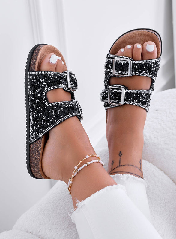 BROOKE - Chaussons bijoux noirs avec boucles et strass