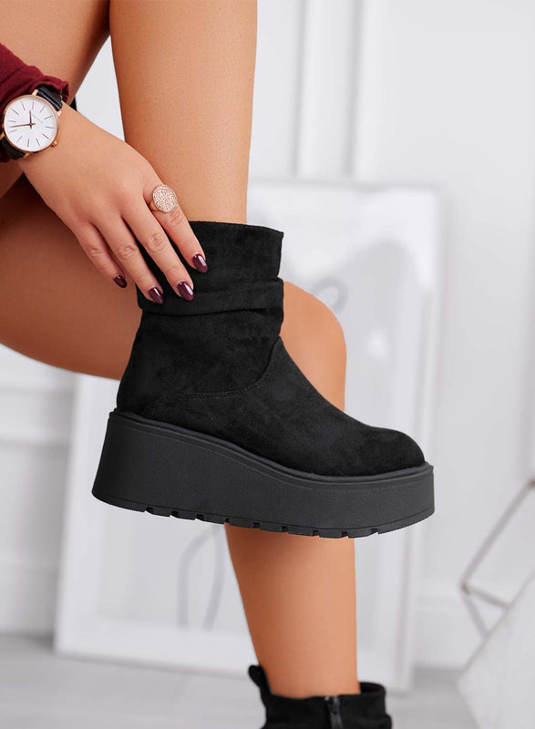 MIEL bottines noires en daim à talon compensé