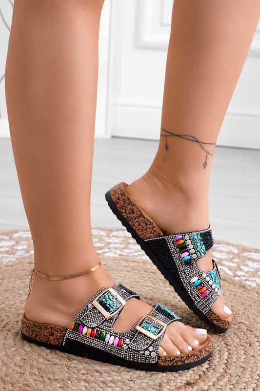 Sandales mules noirs avec boucles et pierres multicolores