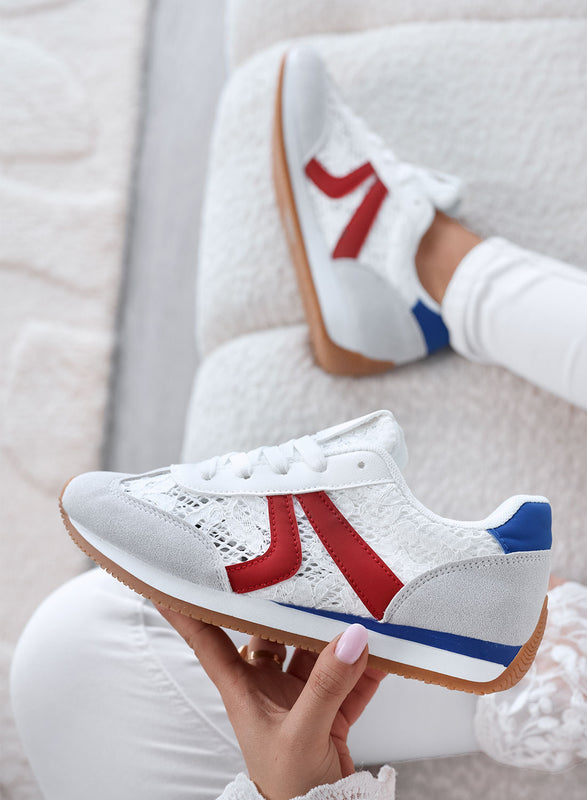 GIULIANA - Zapatillas grises con encaje blanco y detalles rojos