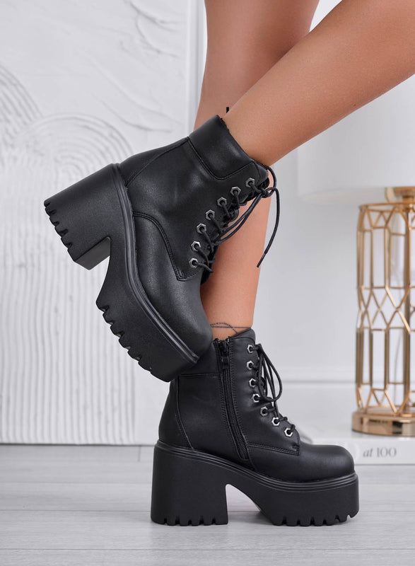 CLELIA - Combat boots noires à talon compensé