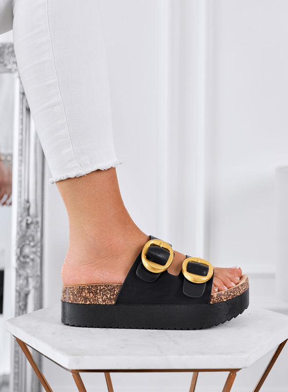 SOFIA - Sandales noirs Mules à plateforme avec double boucle dorée