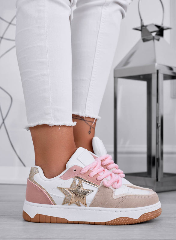ANNIE - White sneakers with pink rope laces and gold star