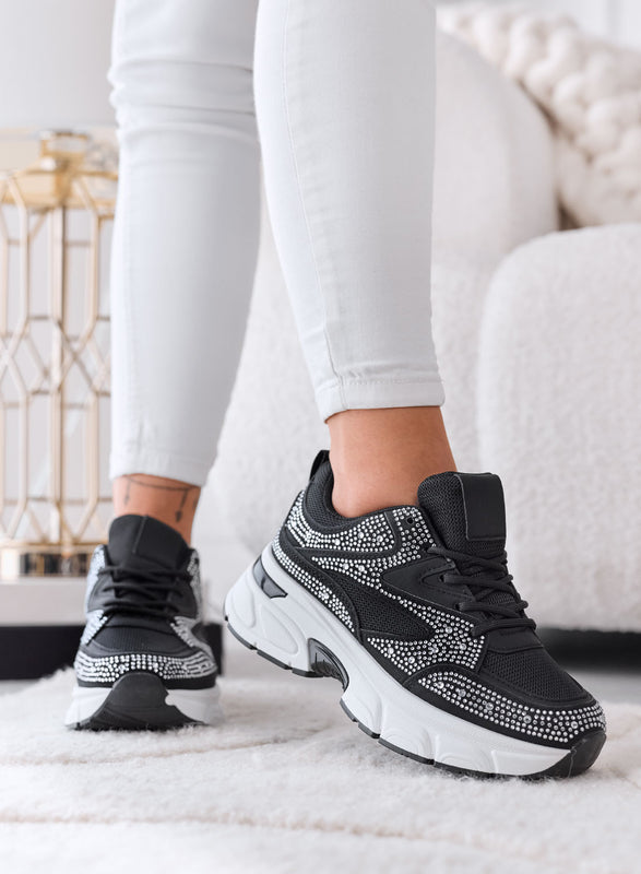 MARTINA - Zapatillas negras con strass plateados y suela plataforma chunky