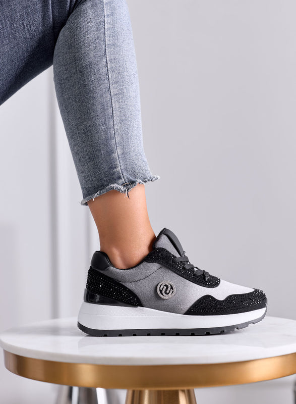 TINA - Sneakers platform Grigie e Nere con Strass