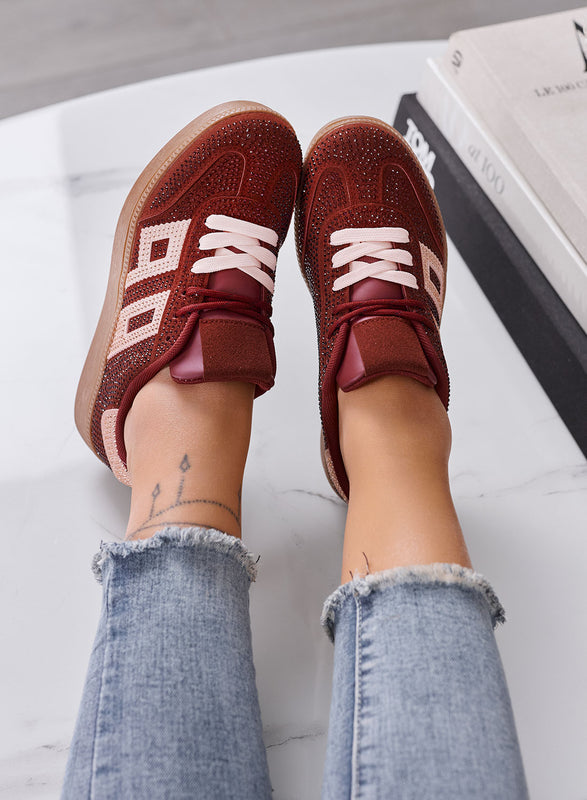 SIDNEY - Sneakers Donna Bordeaux con Strass e Dettagli Rosa