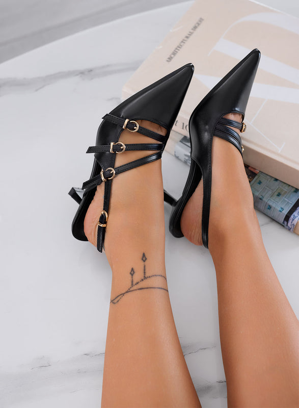 FAUSTA - Black slingback pumps with thin straps and spool heel