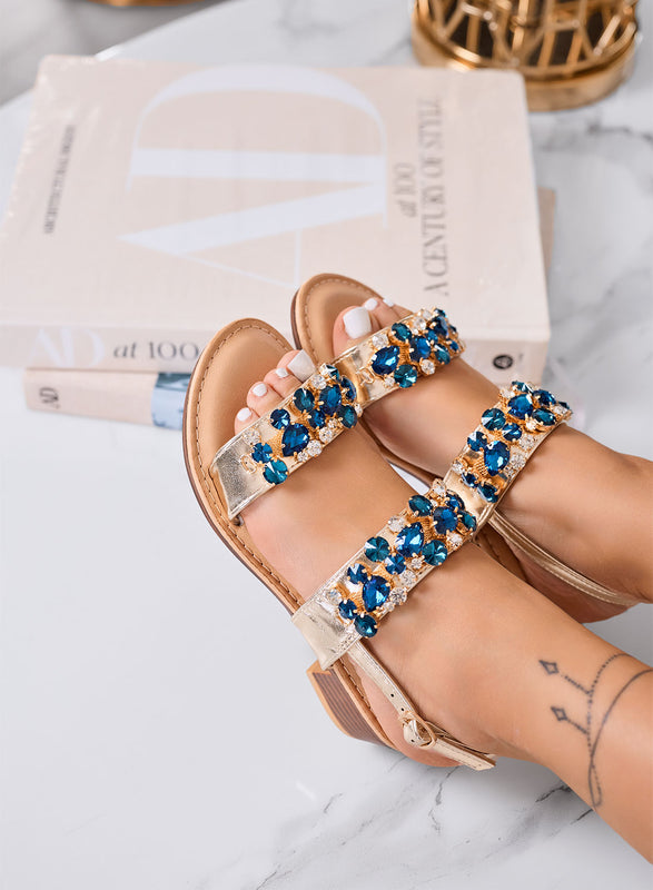 VITTORIA - Sandales dorés bijoux à talon bas et strass bleus