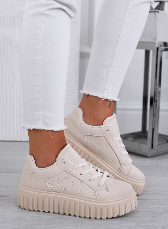 DOTTIE - Baskets beiges avec imprimé en relief et semelle compensée