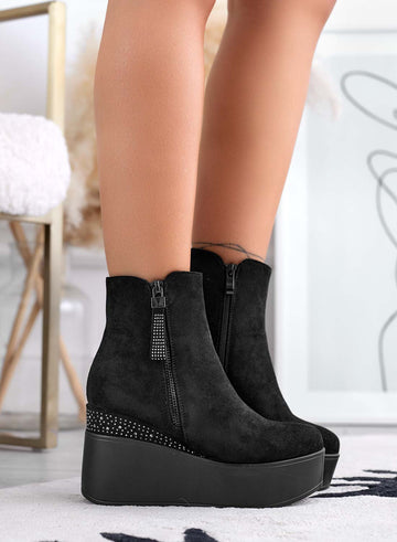 MARGHERITA -  Bottines noires à talon compensé et strass