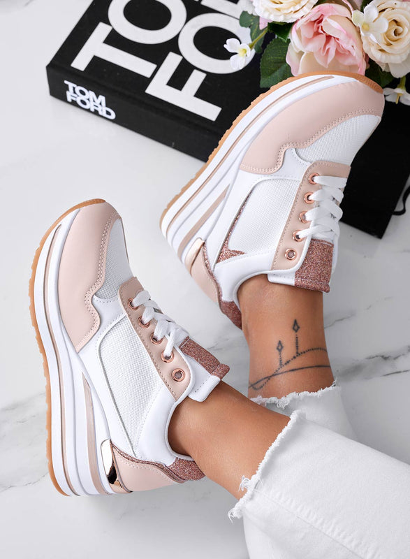 THEA - Sneakers bianche con zeppa e rifiniture champagne