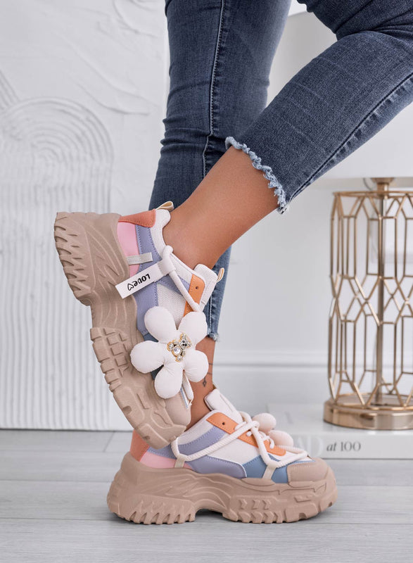 EUGENIA - Baskets multicolores beiges avec teddy fleur et bijou