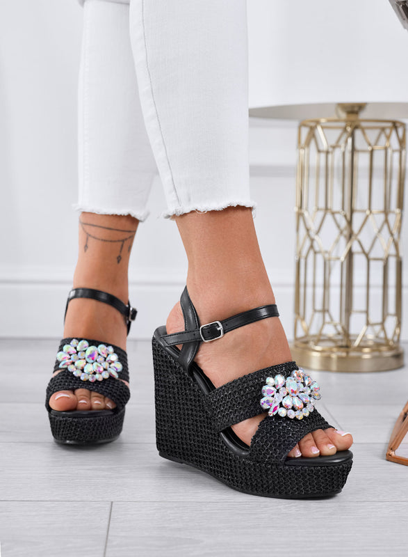 SABRINA - Black wedge sandals with ankle strap and maxi rhinestones