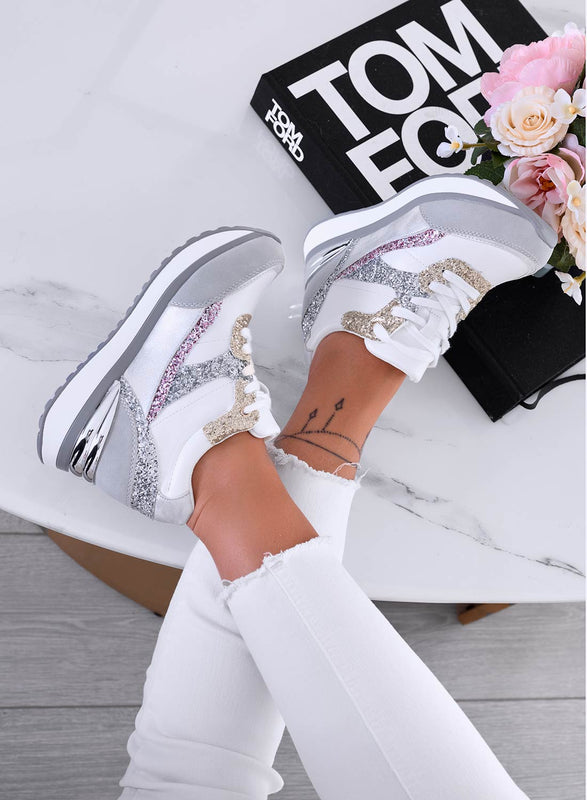 GENNY - Grey sneakers with gold and fuchsia glitter inserts
