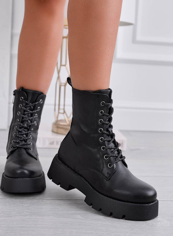 TRACY - Bottines noires style militaire avec lacets métallisés