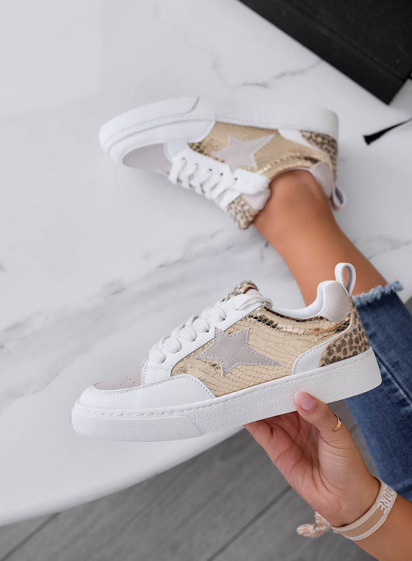 CLARE - Baskets blanches avec empiècements léopard et or métallisé