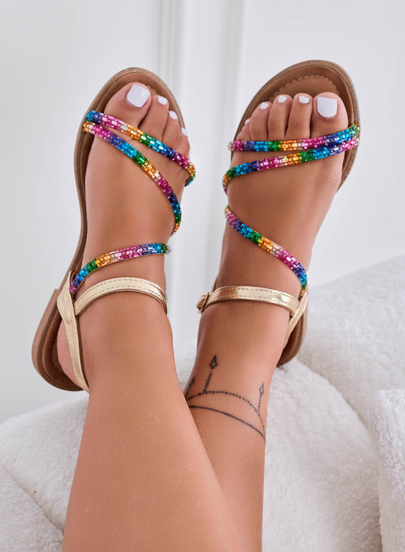 ZALA - Sandales plats dorés avec brides bijoux multicolores