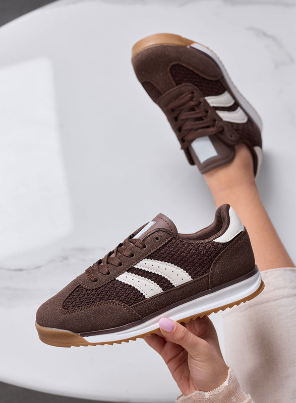 PIERA - Sneakers marroni in tessuto con dettagli bianchi e suola in gomma