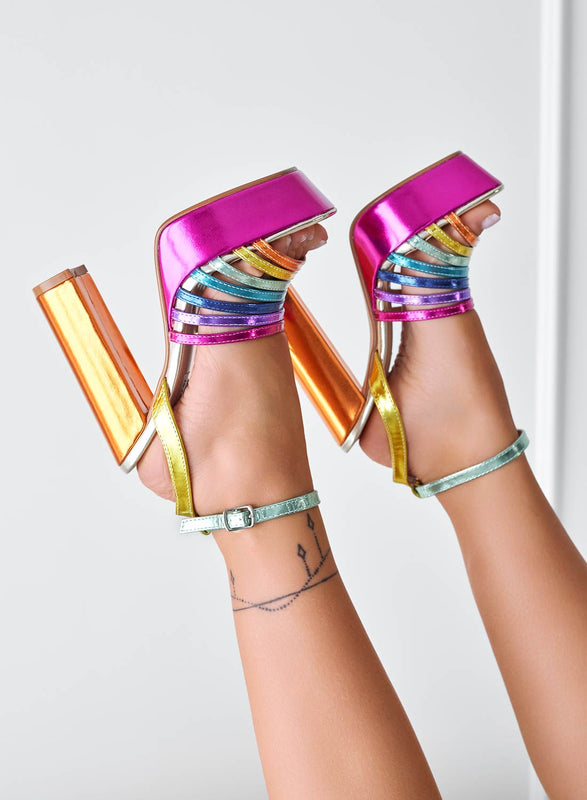 Sandales à lacets multicolores à talons hauts